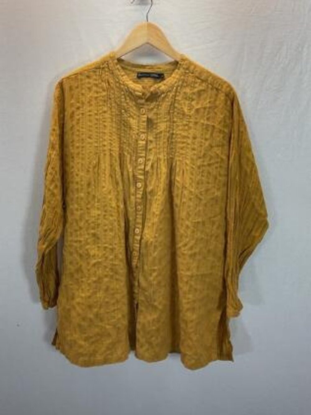 Gudrun Sjoden LG pin tucked Mustard Button Up Tunic Luxury Artsy Lagenlook